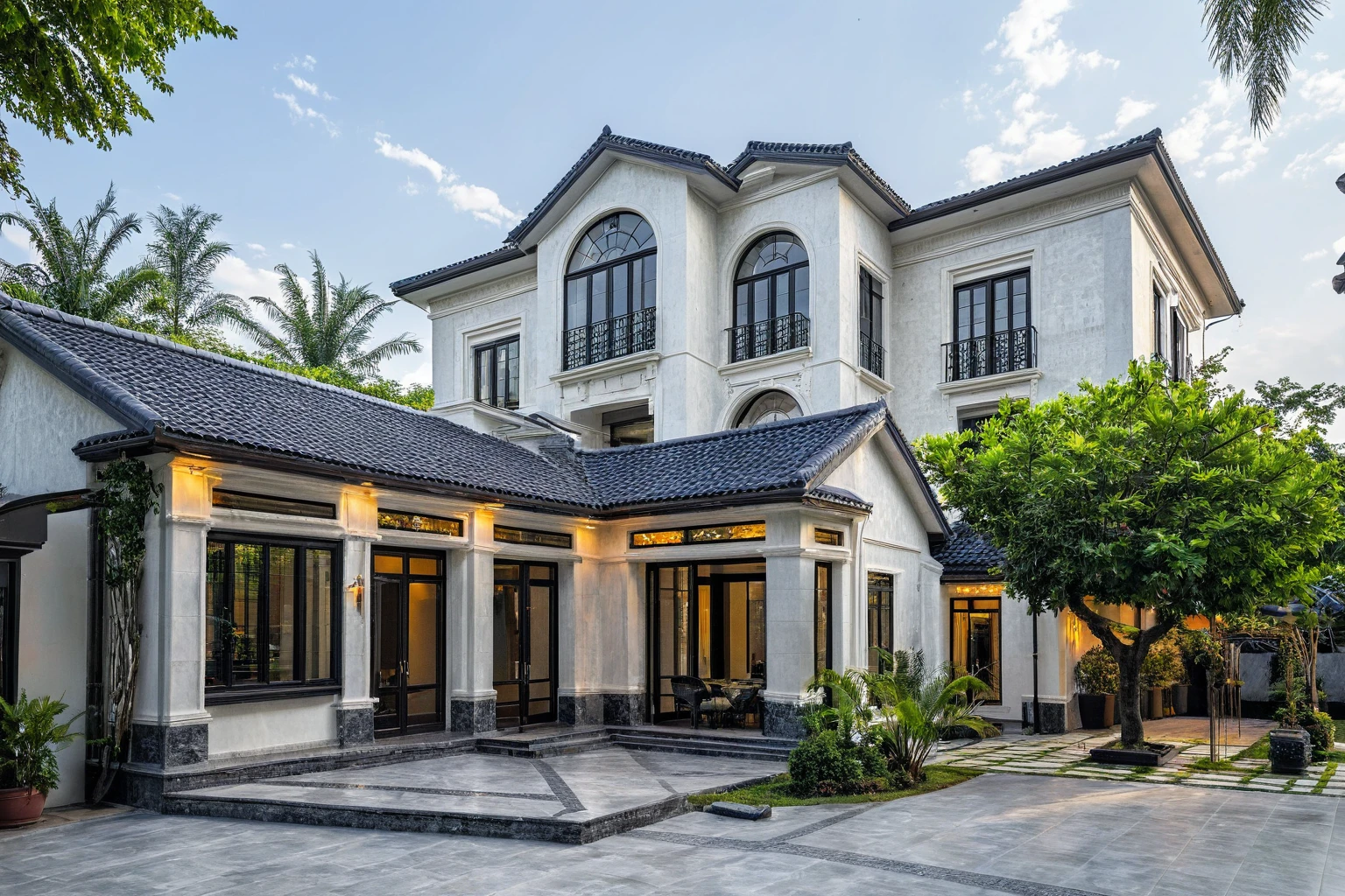 (masterpiece:1.2), best quality, photo of A two-story modern house in VietNam with dark tiles on the roof., (dark granite tiled wall:1.2), neo classic detail, tree and plant environment,daylight, streetcapes, natural light, vivid color, The exterior of an elegant single family home features large windows, a dark gray door frame.
