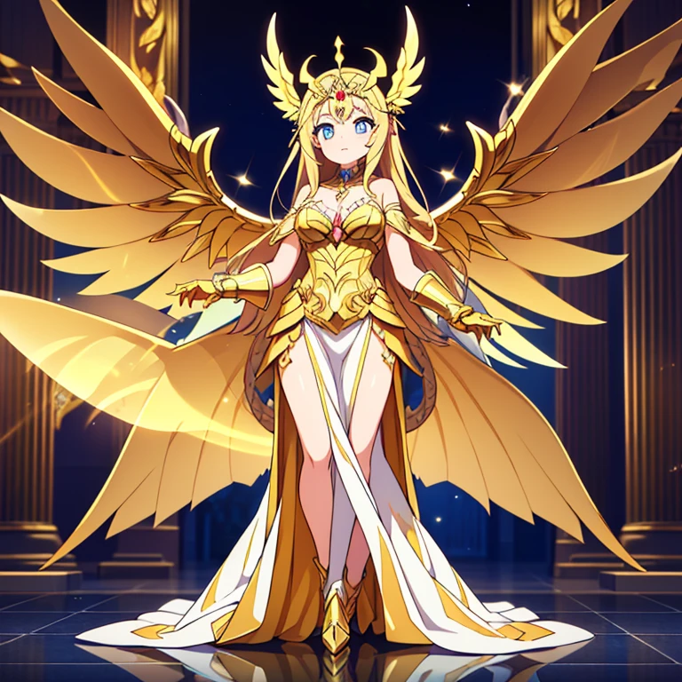 Full body, beautiful eyes , 1 girl  , full body , cute girl , anime style , cute eyes  , (standing up) , ( Greedian has a dragon-like form with a sleek, metallic body. Its scales are golden and highly reflective, giving it an appearance of opulence and grandeur. Greedian's eyes are sharp and calculating, glowing with a greedy glint. Its claws and teeth are made of an unbreakable metal, designed for seizing and guarding treasures. Greedian has a pair of large, powerful wings that allow it to fly swiftly in search of more riches.), ballgown