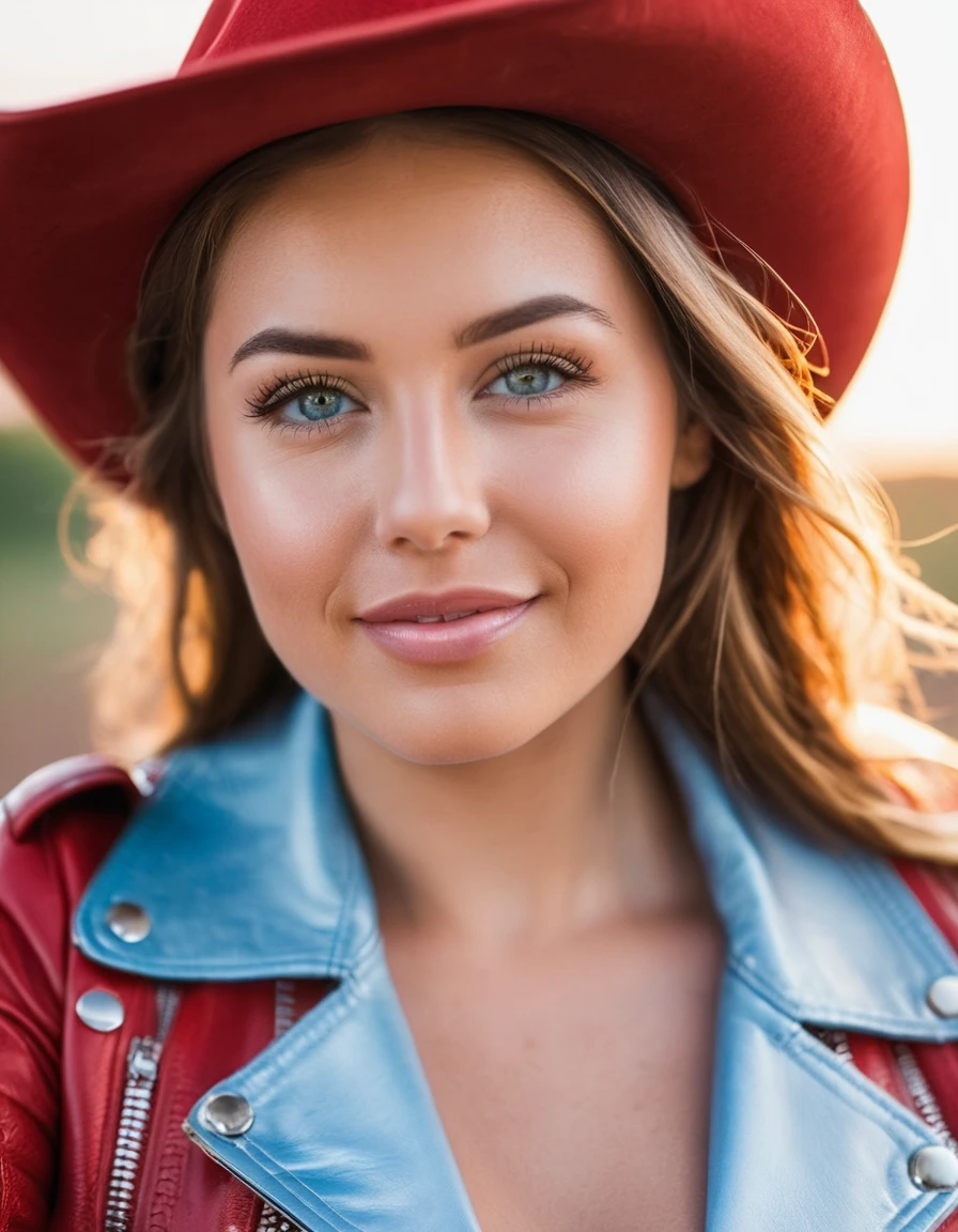 (1girl:2), a girl is in a biker clothing boutique, she is dressed in a (light blue leather bodysuit:2), she is wearing a (red leather biker jacket:2), all around her there are racks with some biker clothes, in the background you can see the doors of several fitting rooms, the girl is (taking a selfie with her mobile phone:1.8)., red hair, french braid, hair over shoulder, absurdly long hair, mole under eye, eye reflection, aqua eyes, sparkling eyes, heterochromia, longeyelashes, colored eyelashes, makeup, seductive smile, Hyperrealism, god rays, vignetting, (cowboy shot:2), f/4.0, 80mm, Sony FE GM, 16k, best quality, high details, anatomically correct, masterpiece