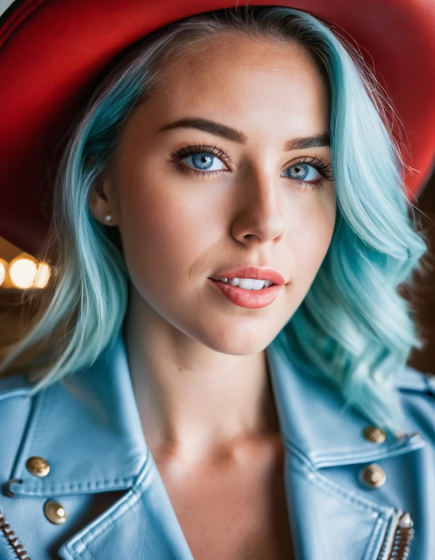 (1girl:2), a girl is in a biker clothing boutique, she is dressed in a (light blue leather bodysuit:2), she is wearing a (red leather biker jacket:2), all around her there are racks with some biker clothes, in the background you can see the doors of several fitting rooms, the girl is (taking a selfie with her mobile phone:1.8)., red hair, french braid, hair over shoulder, absurdly long hair, mole under eye, eye reflection, aqua eyes, sparkling eyes, heterochromia, longeyelashes, colored eyelashes, makeup, seductive smile, Hyperrealism, god rays, vignetting, (cowboy shot:2), f/4.0, 80mm, Sony FE GM, 16k, best quality, high details, anatomically correct, masterpiece