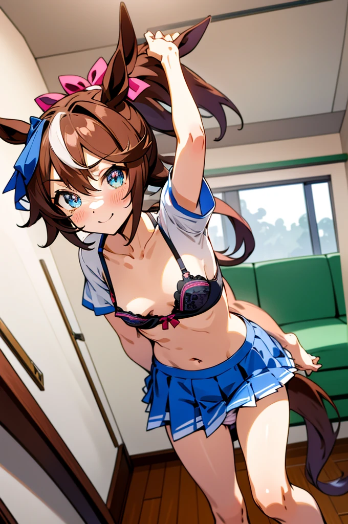 Tokai Teio \(umamusume\), ((Highly detailed eyes)), masterpiece, Highest quality, ((abnormal body, Small breasts)), (Horse tail) ,smile, blush, (indoor, office, living room), whole body, frontage, Long ponytail, (panties), (bra), (In underwear), 