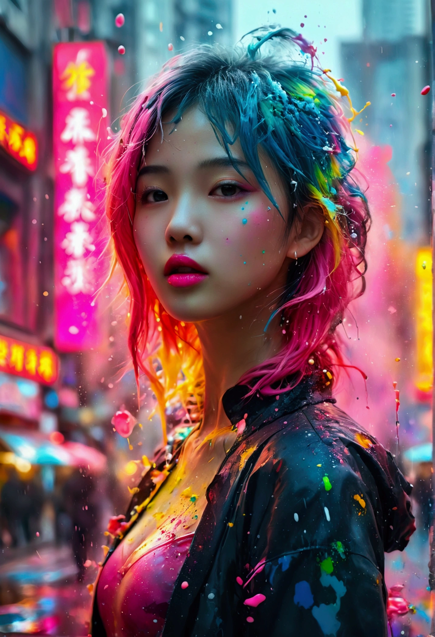 (masterpiece, Highest quality, High resolution), Downtown Shanghai背景, ((Paint splashes, Color Splash, Ink splash, Color Splash)), Kind Chinese girl, Rainbow Hair, Pink Lips, front,Downtown Shanghai、Digital Cities、Near future upper body