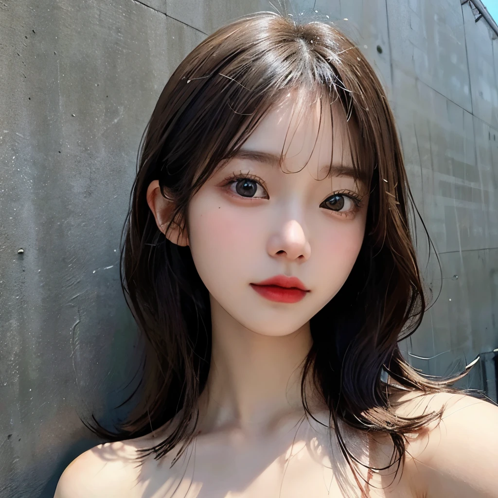 ((best quality)), ((masterpiece)), (detailed), perfect face. Asian girl. Selfie. Topless. 1girl. Wall.