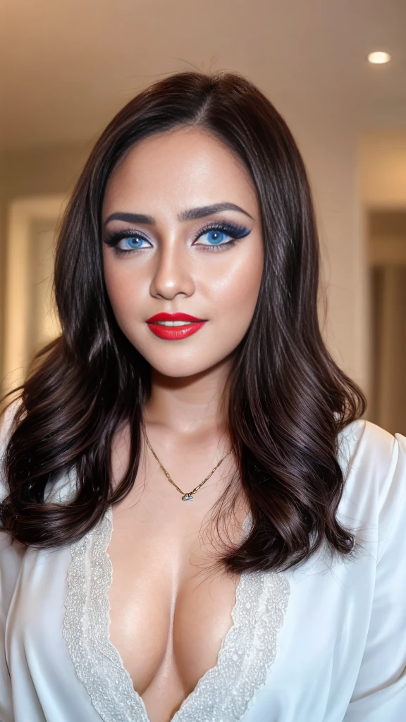 instagram photo, closeup face photo of 23 y.o Chloe in kebaya, blue eyes, white skin, Red Lipstick, sensual Lipstick, Sensational Make Up, cleavage, pale skin, (smile:0.4), hard shadows, White G-STRING, bright lighting 