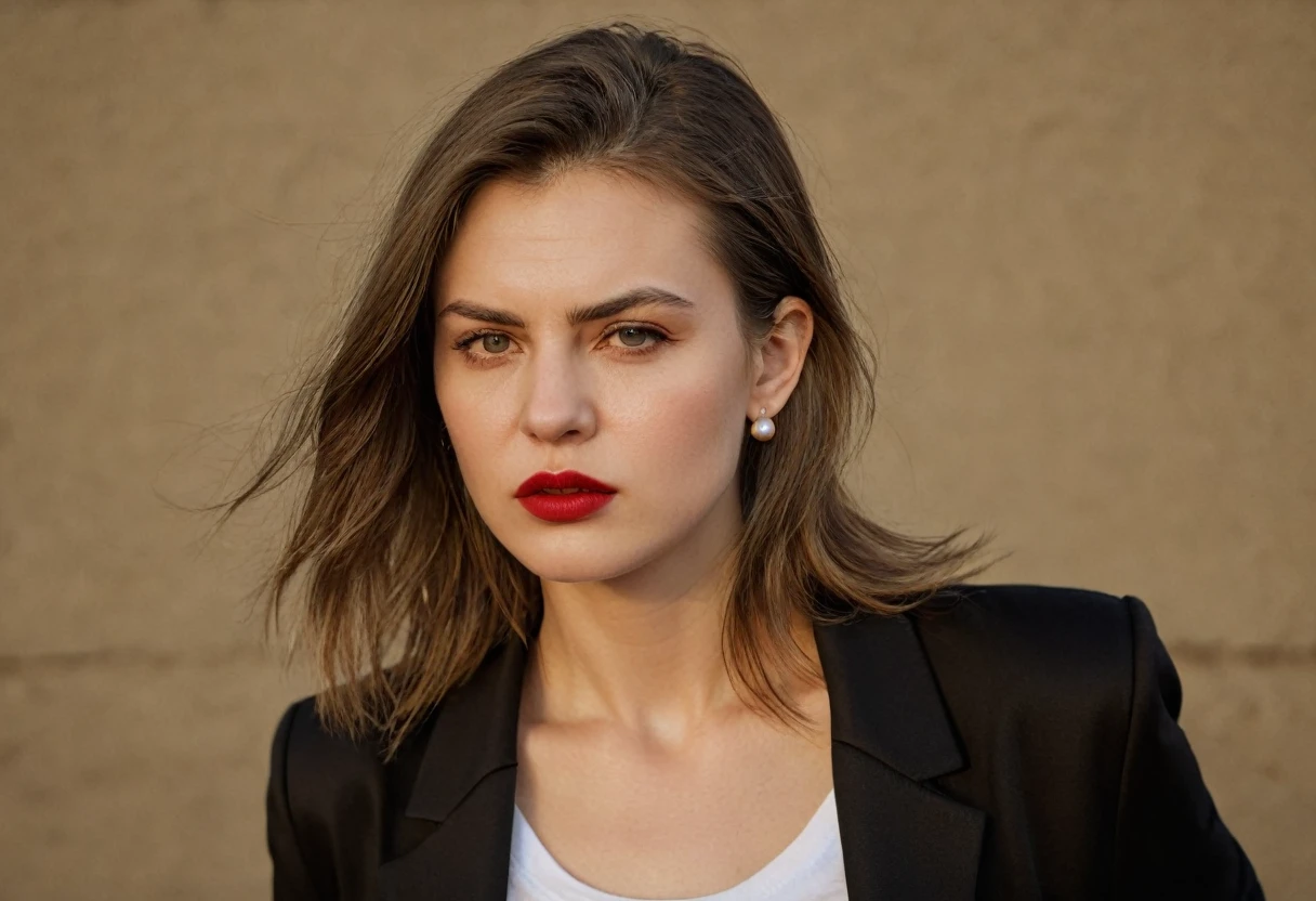 color digital photograph of Lucie Prochazka a woman from czech republic wearing (a black blazer), (a white t-shirt), (black skinny jeans), (black ankle boots), (pearl earrings), (red lipstick), and Slingbacks shoes shot on Nikon Z9 by Denis Karasev, 26 years old, pale skin, ((long hair)), tiny figure, small breasts, feeling (feeling Hate, Intense, Hostile, Aversion, Anger, Resentment, Disgust, Animosity, Hostility, Loathing, Malice, face: Scowl, Frown, Glare, Narrowed Eyes, Sneer, Lip Curl, Tense Jaw, Raised Eyebrows, Cold Stare, Contempt), at golden hour,full body, masterpiece, natural lighting, (outdoor setting:1.2), warm tones, side lighting, natural skin details, 4k, UHD, masterpiece, detailed eyes, detailed face, detailed skin, perfect hands, perfect feets, photo, high skin detail, moles, imperfect skin, ultra realism, RAW photo, subsurface scattering