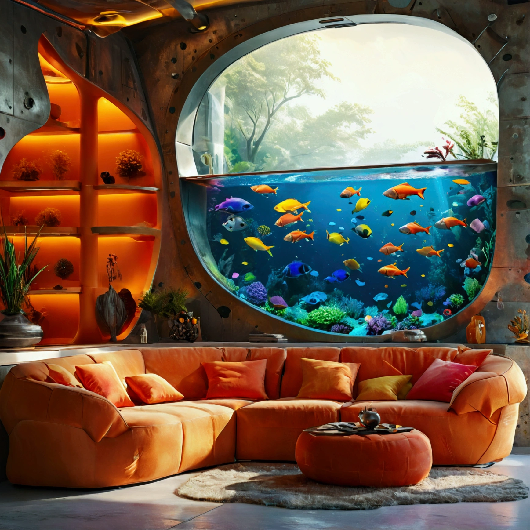 Futuristic yet cozy interior design with attention to detail, One of the walls、The tank is in the shape of a large truck and is filled with colorful fish.。, High resolution, --16 pieces:9 --s 750 --v 5.1