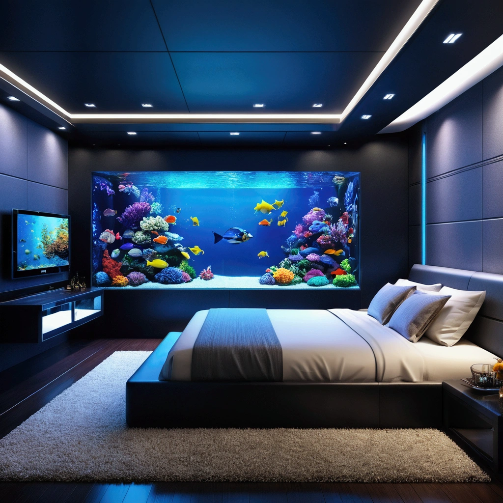 Futuristic yet cozy interior design with attention to detail, One of the walls、The tank is in the shape of a large truck and is filled with colorful fish.。, High resolution, --16 pieces:9 --s 750 --v 5.1