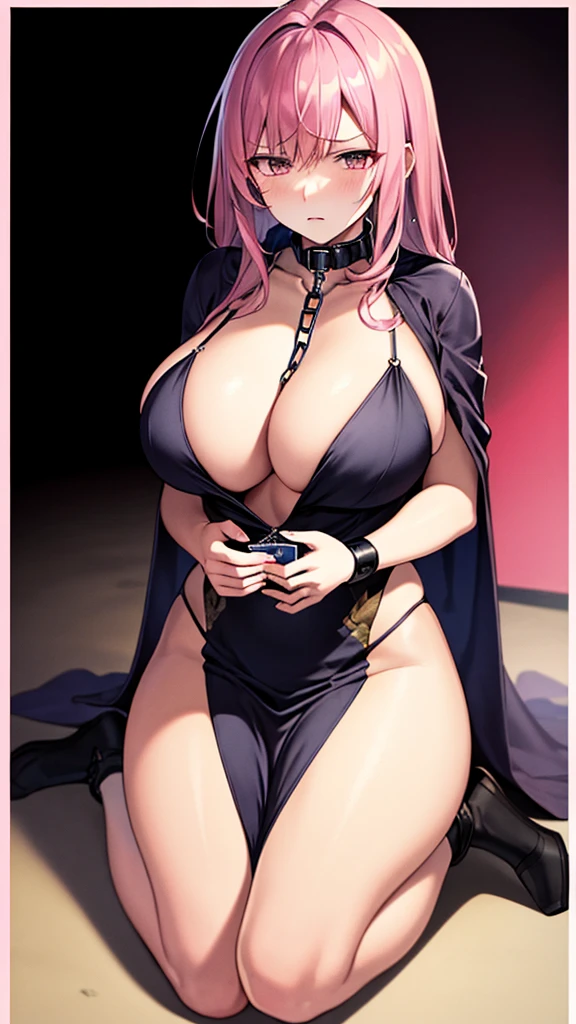 (((Masterpiece))),(((Best quality))),((Super detailed)),(illustration)，Card border，Pink hair mecha style clothing，Painful expression，There is a chain attached collar around the neck，Hands tied by tentacles，Take off half of the shawl，Dull eyes，No shoes，Long straight pink hair，Biggest Breasts，