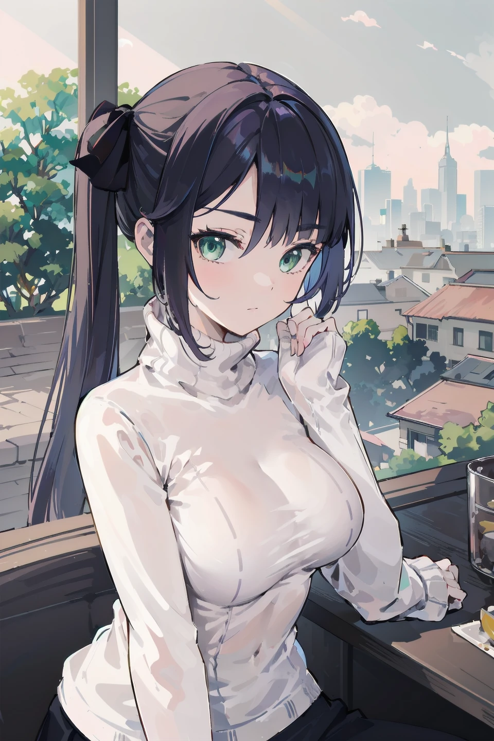 best quality, masterpiece, Mona, (white sweater turtleneck, modest clothing:1.15), green eyes, perky breasts, looking at viewer, upper body, rooftop, sitting, overlooking city, watercolor illustration