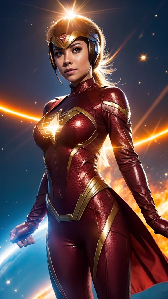 June Superhero: Sundancer, a female superhero with control over light and heat, capable of creating dazzling displays and harnessing solar energy for powerful attacks, dressed in a suit that shines like the summer sun.