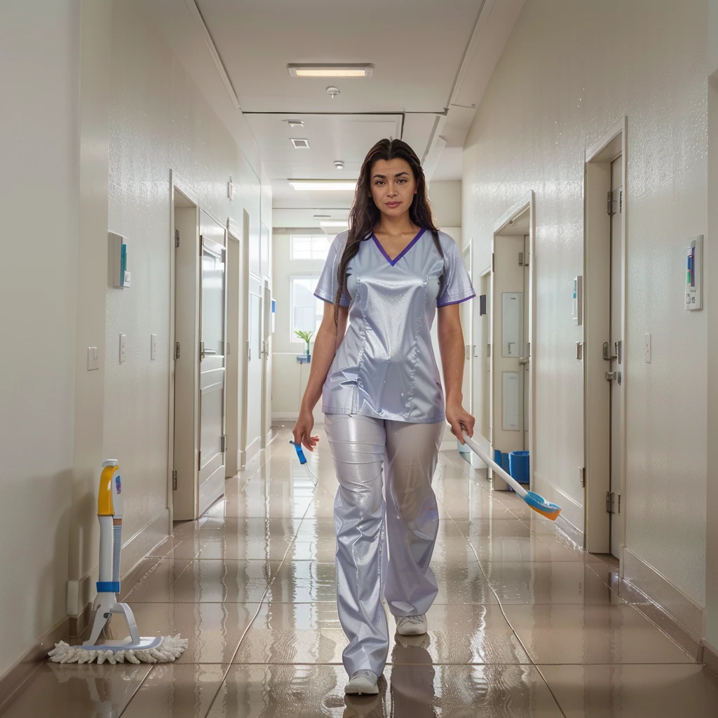 arafed woman in scrubs walking down a hallway with a mop, clean medical environment, clean, healthcare worker, nurse, nursing, cleaning future, holding a staff, shiny floors, holding a caduceus staff, sweeping, nurse scrubs, wet floors, cleanest image, wearing maid uniform, very clean, hq, clean detailed, crisp smooth clean lines