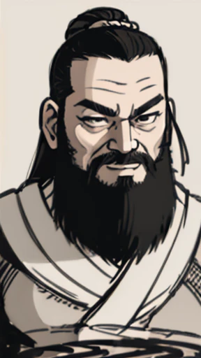 Monochrome,Oriental、(Ancient Chinese man in armor)、(ancient chinese hairstyle male)、As seen in the Romance of the Three Kingdoms々military commander、Highest quality、masterpiece、Ultra-high resolution、(Realistic:1.4)、Game Poster、Crisp and beautiful image quality、Long beard、Embroidered cloth wrapped around a topknot、whole body ,((Skin of color, ),(long heavy black beard):1.2), ( (Very detailed, bloom:1.5), (Highest quality, Concept Art, 4K), (analog:1.2), (high sharpness), (Detailed pupil:1.1), (Painting:1.1), (digital Painting:1.1), Detailed face and eyes, masterpiece, Highest quality, (Very detailed写真:1.1), 8K, photoRealistic, (Black Hair, Dynamic Short Hair), (PurerosFace_v1:0.2), [:(Detailed face:1.2):0.2], sharp, Realistic, Realistic Shadow, 