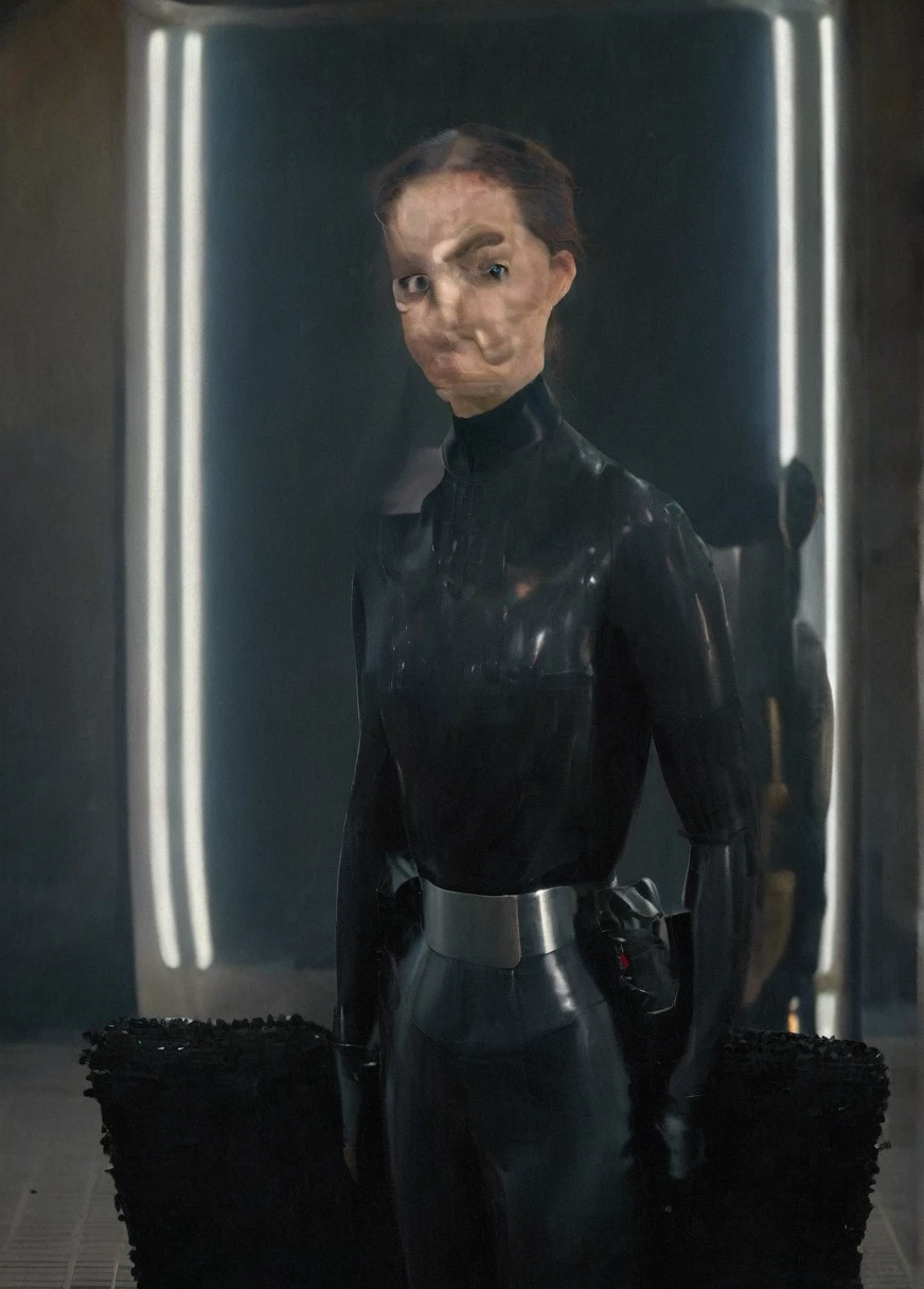 high resolution photo face close-up of p4dme woman sitting in a star wars cantina,looking at camera,black uniform,hair chignon,full body shot,Imperial officer wearing a (color) uniform depth of field,volumetric lighting,sunrise,(surreal dramatic lighting shadow)