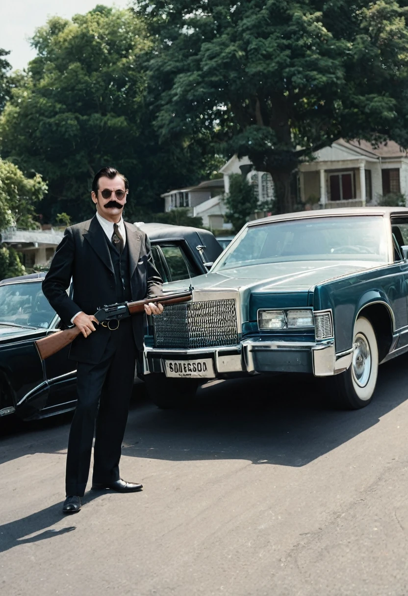 Me as a world's richest adult person in gangster's look with the age of 25 year with thin moustache.me driving a Lincoln continental and gun is present in my hand with the convoy 