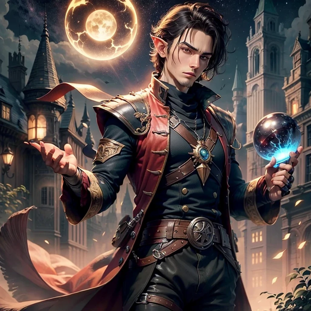 Aristocrat guy in universe D&D-male wizard in the night city with energy in his right hand and a magic object in his left hand