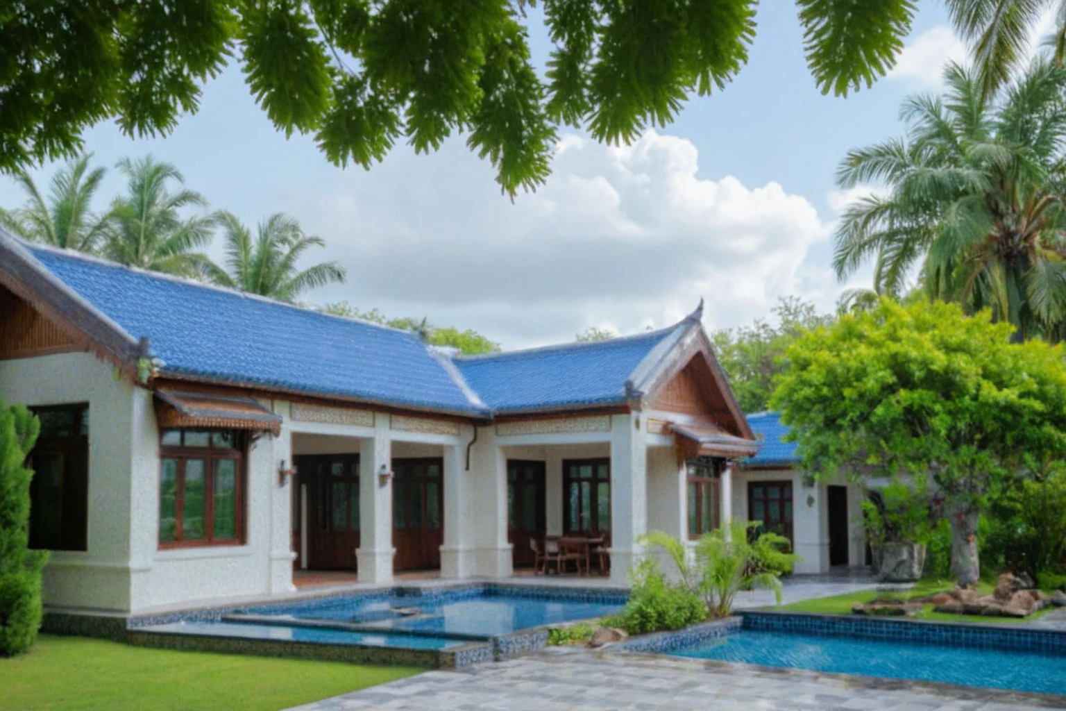 Raw photo, Masterpiece, high quality, best quality, authentic, super detail, outdoors, house style modern on the street , a traditional single-story Thai-style house, large glass window and at the first floor, blue tile roof, white wall, pavement, grass, trees, tropical plants, clear sky, cloud, (nature light), (daylight:1.2)