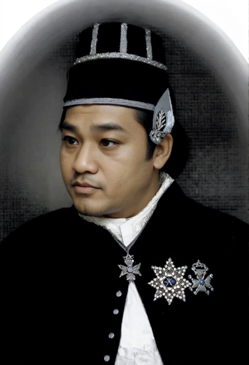 Indonesian Muslim men, aged 40 years and over, wearing clothes that have the feel of a regal king, black kanigaran type clothes and head coverings. round, slightly fat face, brown skin with wrinkles on the forehead, clear eyes, slightly sharp nose, slightly thick lower lip, natural black eyebrows, realistic HD quality image.