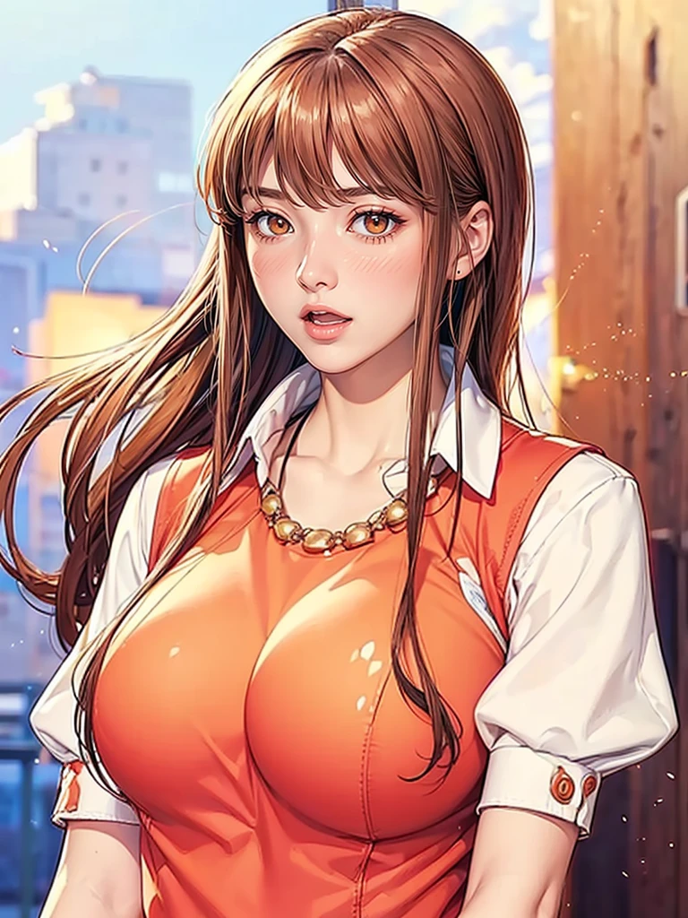 Masterpiece, high quality, best quality, ultra detailed, high resolusion, 1girl, beautiful, upper body, blush, open mouth, brown hair, orange and white clothes, detailed face, sky