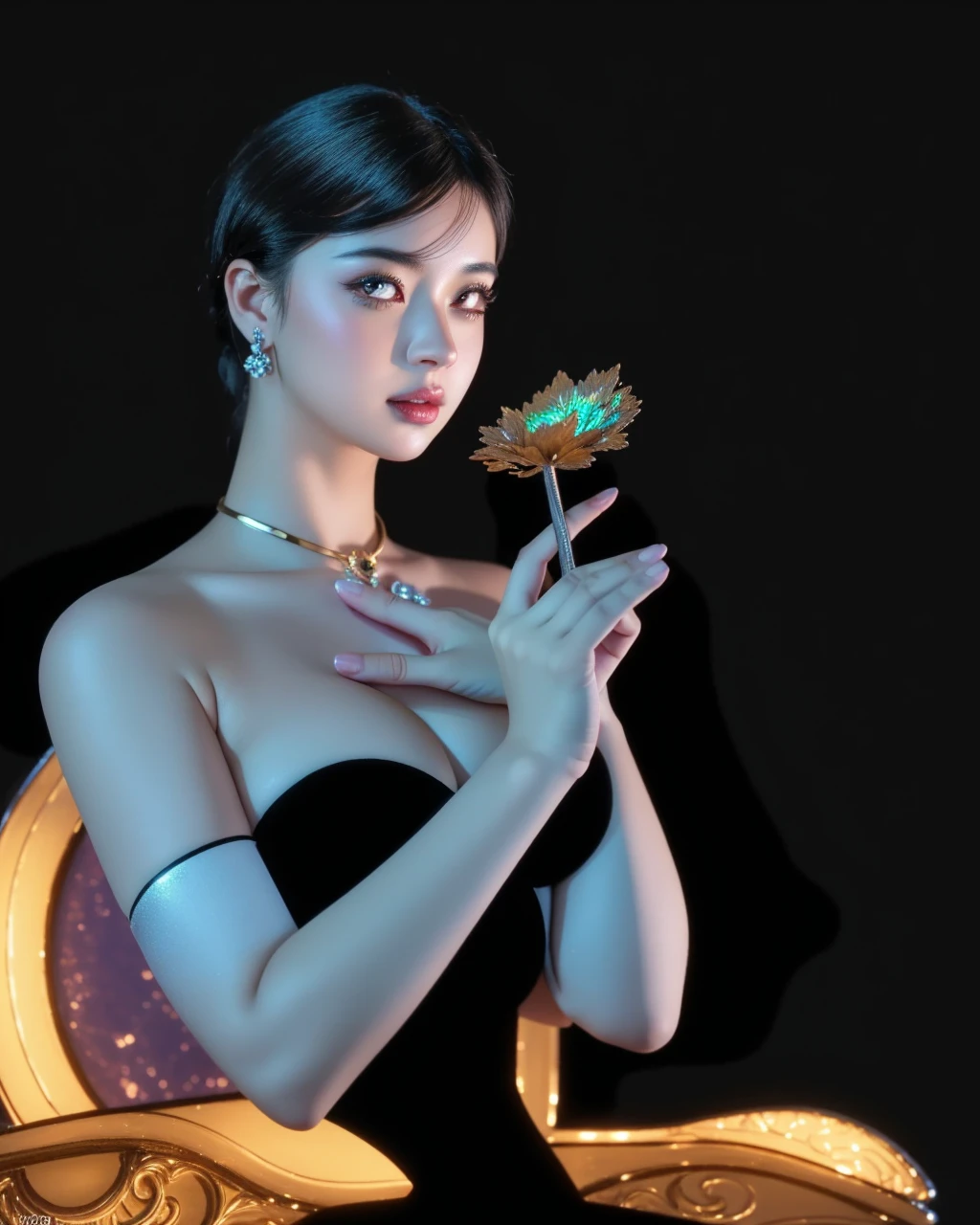 a girl in an ornate dark fantasy landscape, beautiful detailed eyes,beautiful detailed lips,anthropomorphic seductive figure,amber woods,geranium,magellanic clouds,seductive flora,snowy soft lighting,shallow depth of field,colorful matte triadic palette,(best quality,4k,8k,highres,masterpiece:1.2),ultra-detailed,(realistic,photorealistic,photo-realistic:1.37),dark fantasy,concept art,award winning digital art
