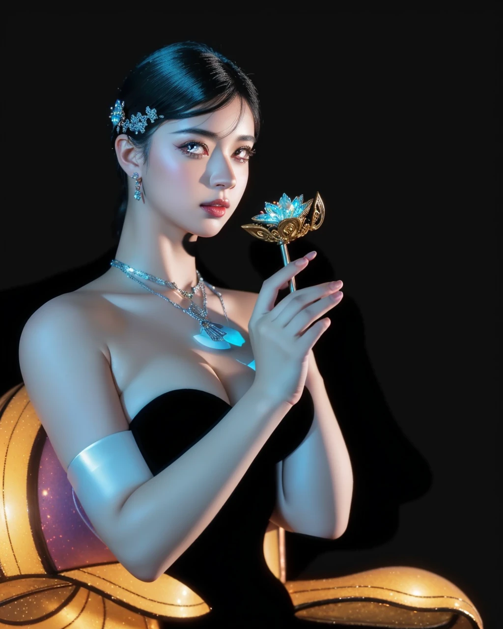 a girl in an ornate dark fantasy landscape, beautiful detailed eyes,beautiful detailed lips,anthropomorphic seductive figure,amber woods,geranium,magellanic clouds,seductive flora,snowy soft lighting,shallow depth of field,colorful matte triadic palette,(best quality,4k,8k,highres,masterpiece:1.2),ultra-detailed,(realistic,photorealistic,photo-realistic:1.37),dark fantasy,concept art,award winning digital art