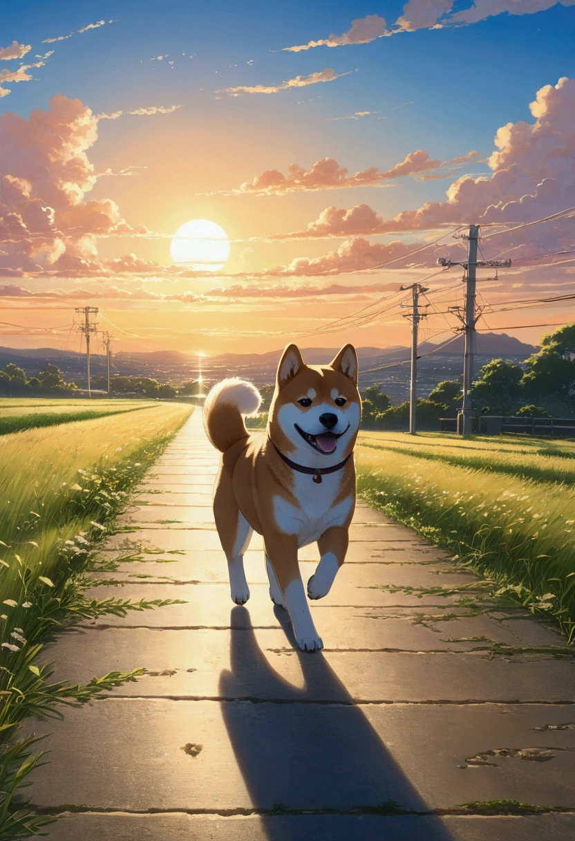 Makoto Shinkai Taste, Beautiful sky, （A running Shiba Inu puppy, Detailed eyes ）,Romantic Landscape, Healing scenes, Light pours in,hope, Makoto Shinkai Taste,Detailed Description, Japanese Landscape, Sunset,Beautiful backlighting, Your Name, 