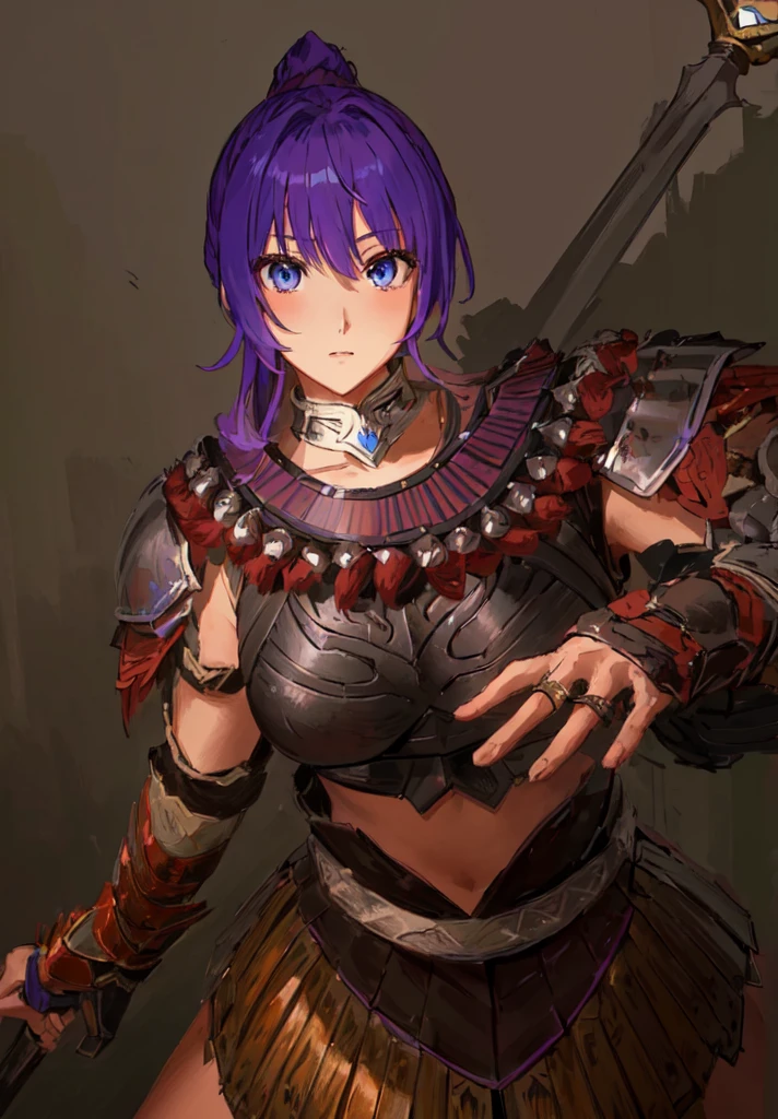 Wearing armor、Anime image of a woman holding a spear, Armor Girl, With scaly armor, Purple Armor, wearing monster hunter armor, A very beautiful berserker woman,Anime Art，Three Kingdoms志，Three Kingdoms。big boods，big ，huge ，sex body，Purple Hair，Blue Eyes，Black Leather，Brown skin，dark skin，