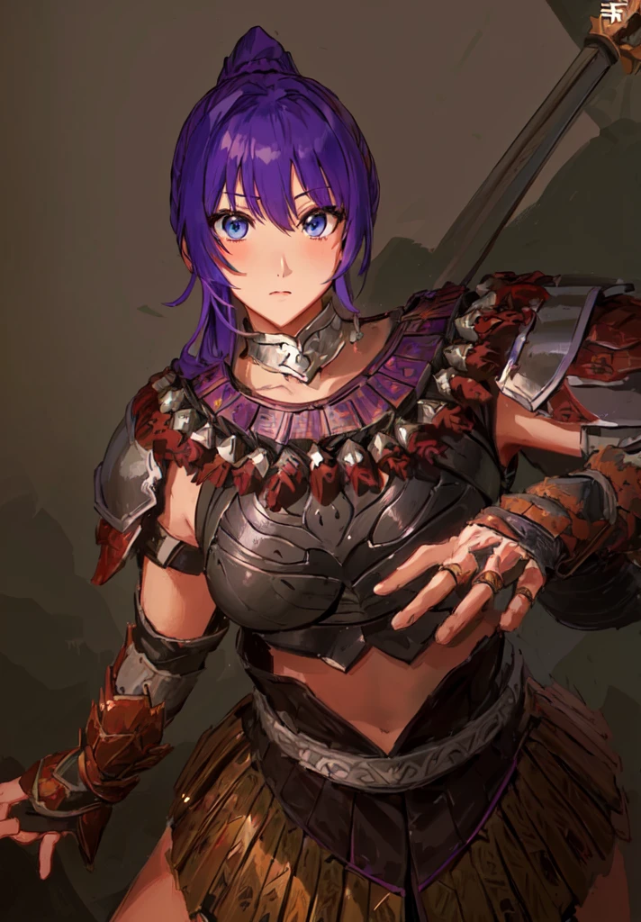 Wearing armor、Anime image of a woman holding a spear, Armor Girl, With scaly armor, Purple Armor, wearing monster hunter armor, A very beautiful berserker woman,Anime Art,Three Kingdoms志,Three Kingdoms。big boods,big ,huge ,sex body,Purple Hair,Blue Eyes,Black Leather,Brown skin,dark skin,