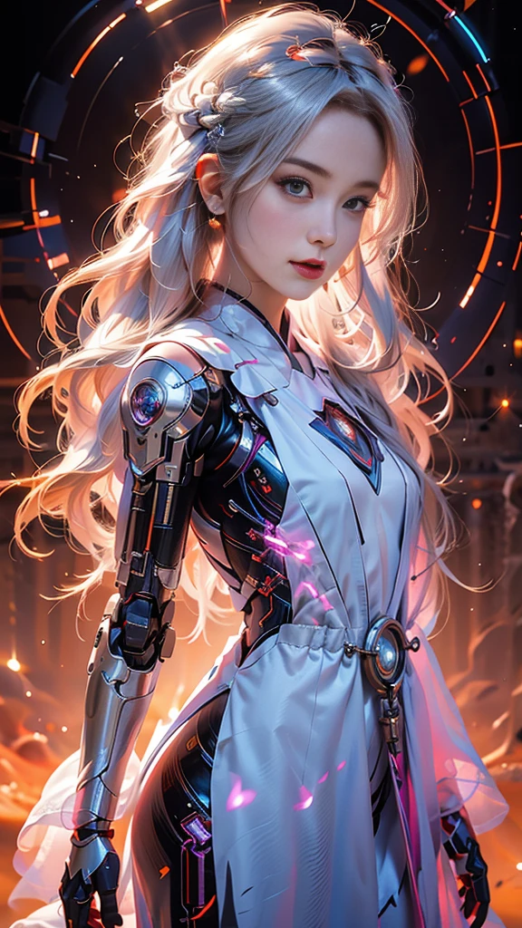 1 girl solo, Perfect_hand, (8K, RAW photos, best qualtiy, tmasterpiece:1.2), (realisticlying, photograph realistic:1.4), (Very detailed CG unity 8K wallpaper), full bodyesbian, (neonlight), Machop, Robotic arm, Hanfu, Chinese outfit, shift dresses,Bare chest,The chest is in the big point,Hair aperture,