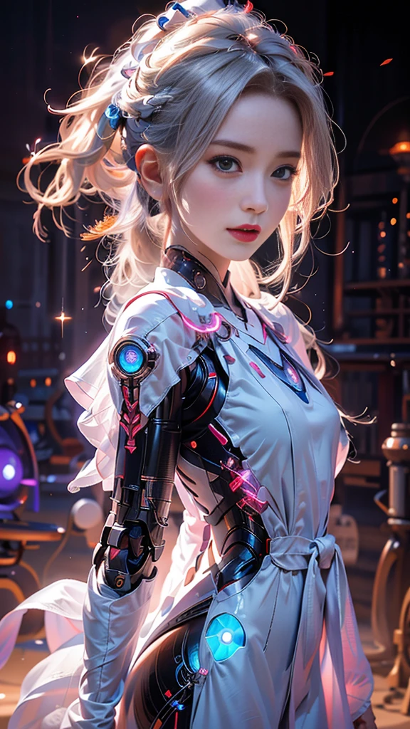 1 girl solo, Perfect_hand, (8K, RAW photos, best qualtiy, tmasterpiece:1.2), (realisticlying, photograph realistic:1.4), (Very detailed CG unity 8K wallpaper), full bodyesbian, (neonlight), Machop, Robotic arm, Hanfu, Chinese outfit, shift dresses,Bare chest,The chest is in the big point,Hair aperture,