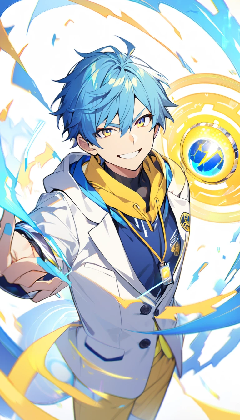 1 boy,yellow and blue hair,yellow and blue eyes,,white open school blazer with logo,yellow hoodie inside,bright smile, lightning energy sphere on his palm,