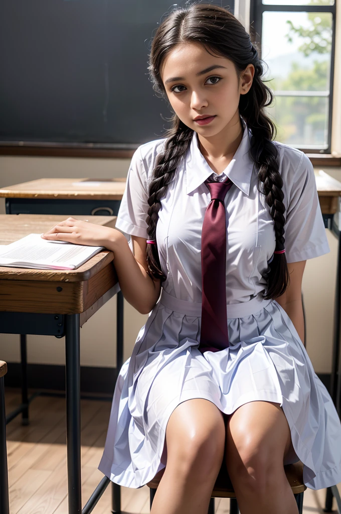 Raw photo , 1 girl  ,Wearing white frock and color tie, white shoes,  (( girl studying on on in the classroom)), with plait, biggest breasts size , professional photographer, (hdr:1.4), masterpiece, ultra-realistic 8k, perfect artwork, intrincate details, cute face, award winning photograph, (Best quality, 8k, 32k, Masterpiece, UHD:1.3) ,