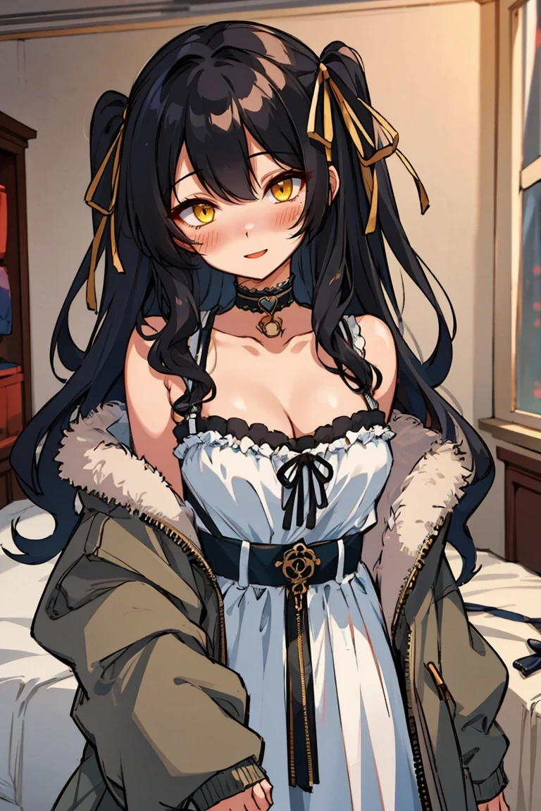 (masterpiece:1.2), (high quality:1.2), hui xiyi, rekkyo sensen, rekkyou sensen, (long wavy hair, hair ribbon, one side up:1.54), solo focus, hand up, waving, girls with((black hair, bare shoulders, medium breasts, breasts, choker, cleavage, collar, collarbone, cowboy shot, dress, see-through sleeves, blue clothes, frills, fur, fur collar, fur trim, hooded jacket, hoodie, jacket, large breasts, long sleeves, belt, suspenders, open clothes, open hoodie, sleeveless, solo, winter clothes, zipper, upper body)), background with ((bedroom, room:2.0))