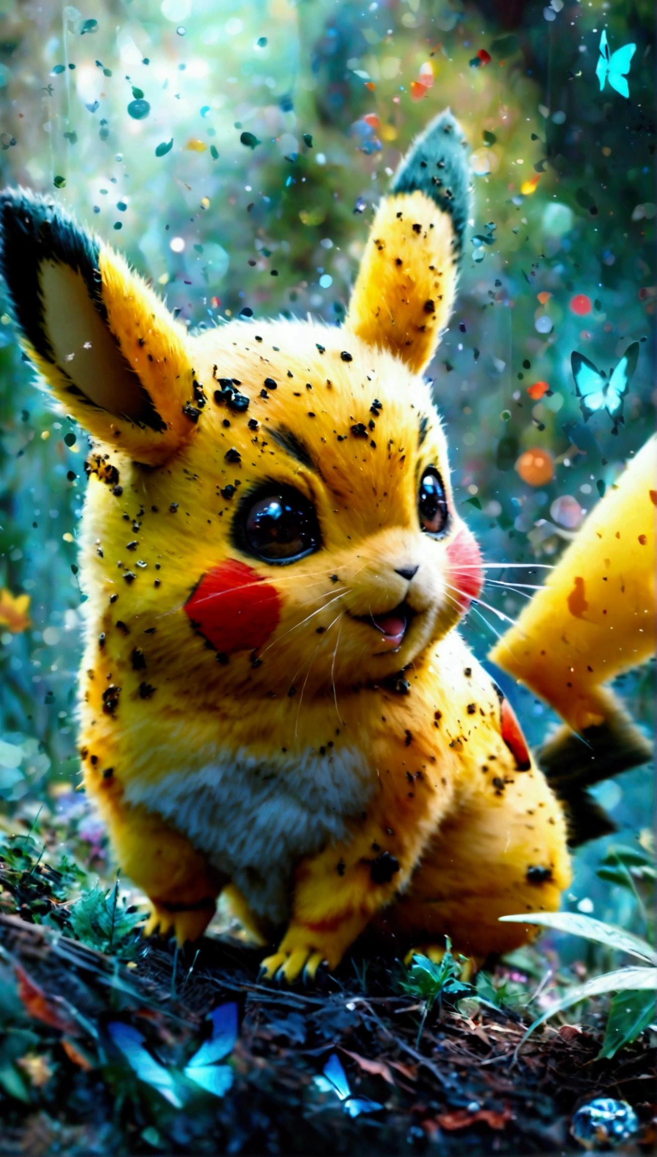 male solo, pokemon (species), Pikachu, multi colored fur, smile, fluffy, butt view, from behind, hind legs female genitals, hires, detailed, anime, kemono, dagasi, tree, detailed background, beautiful detail, sparkles, pixiv, cute kawaii, blushing, looking back, ahegao,