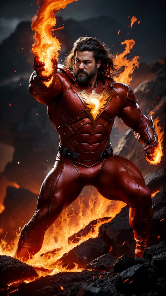 a powerful fiery superhero, detailed molten lava costume, intense heat and volcanic eruptions, fierce battles against threats, muscular male figure, heroic pose, dramatic lighting, cinematic composition, photorealistic, 8k, hyperdetailed, dramatic colors, vibrant reds and oranges, god-like physique, chiseled facial features, piercing eyes, flowing hair, glowing fiery effects, powerful energy flames, dynamic action scene, cinematic quality, epic scale, awe-inspiring