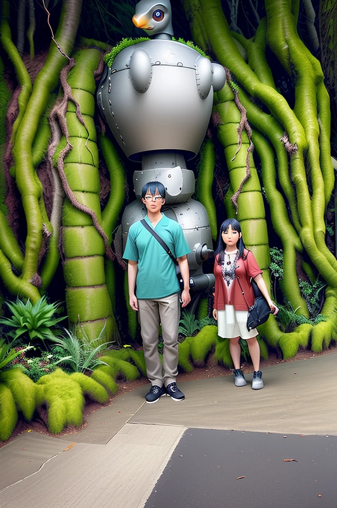 (In 8K、Highest quality、masterpiece:1.2)、(Realistic、Photorealistic:1.2)、Two people standing in front of a giant robot, Vacation Photos, At Disney, Ghibli Studio, Next to some exotic plants, himeji rivendell garden of eden, With two letters, With magical creatures, In the jungle forest !!!, Alien forest in the background, Photos taken in 2020, Giant Robot Owl