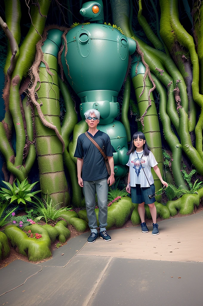 (In 8K、Highest quality、masterpiece:1.2)、(Realistic、Photorealistic:1.2)、Two people standing in front of a giant robot, Vacation Photos, At Disney, Ghibli Studio, Next to some exotic plants, himeji rivendell garden of eden, With two letters, With magical creatures, In the jungle forest !!!, Alien forest in the background, Photos taken in 2020, Giant Robot Owl