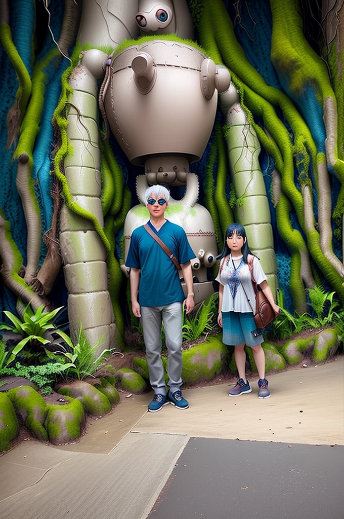 (In 8K、Highest quality、masterpiece:1.2)、(Realistic、Photorealistic:1.2)、Two people standing in front of a giant robot, Vacation Photos, At Disney, Ghibli Studio, Next to some exotic plants, himeji rivendell garden of eden, With two letters, With magical creatures, In the jungle forest !!!, Alien forest in the background, Photos taken in 2020, Giant Robot Owl