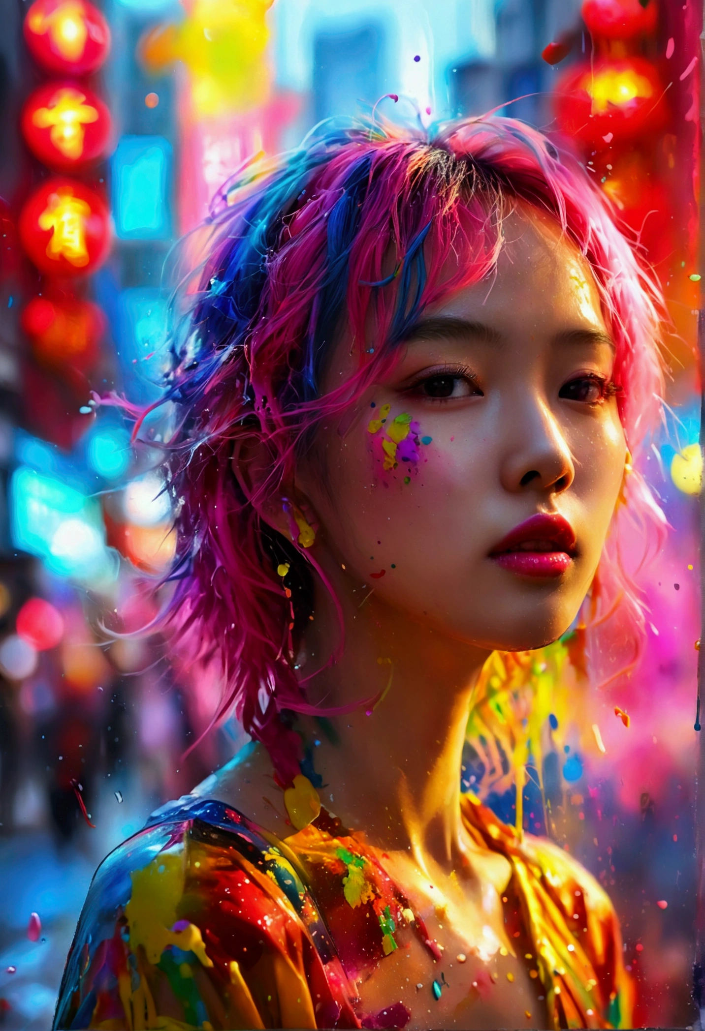 (masterpiece, Highest quality, High resolution), Downtown Shanghai背景, ((Paint splashes, Color Splash, Ink splash, Color Splash)), Kind Chinese girl, Rainbow Hair, Pink Lips, front,Downtown Shanghai、Digital City、Futuristic upper body、night、Neon Light