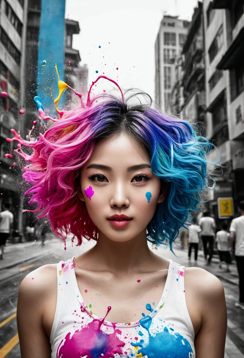 (masterpiece, Highest quality, High resolution), Downtown Shanghai背景, ((Paint splashes, Color Splash, Ink splash, Color Splash)), Kind Chinese girl, Rainbow Hair, Pink Lips, front,Downtown Shanghai、Digital Cities、Near future upper body