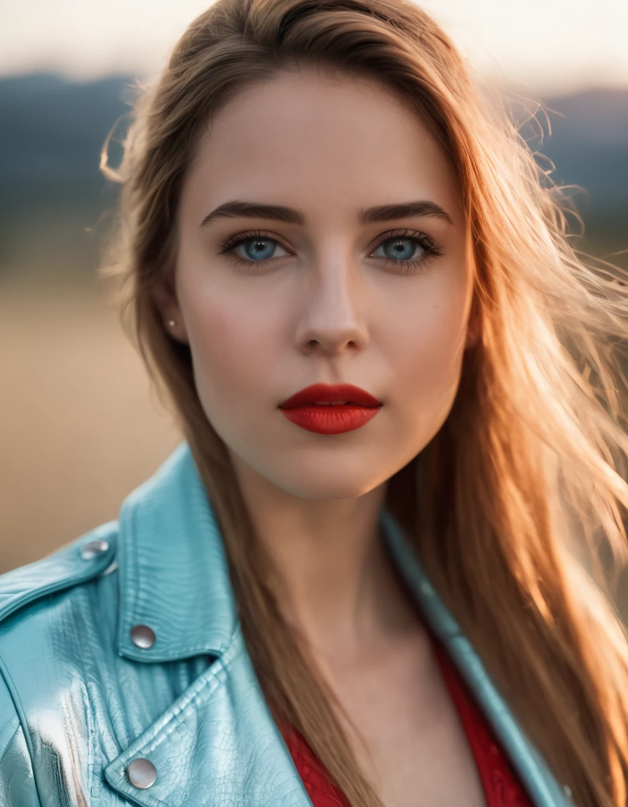 (1girl:2), a girl is in a biker clothing boutique, she is dressed in a (light blue leather bodysuit:2), she is wearing a (red leather biker jacket:2), all around her there are racks with some biker clothes, in the background you can see the doors of several fitting rooms, the girl is (taking a selfie with her mobile phone:1.8)., red hair, french braid, hair over shoulder, absurdly long hair, mole under eye, eye reflection, aqua eyes, sparkling eyes, heterochromia, longeyelashes, colored eyelashes, makeup, seductive smile, Hyperrealism, god rays, vignetting, (cowboy shot:1.5), f/4.0, 35mm, Sony FE GM, 16k, best quality, high details, anatomically correct, masterpiece