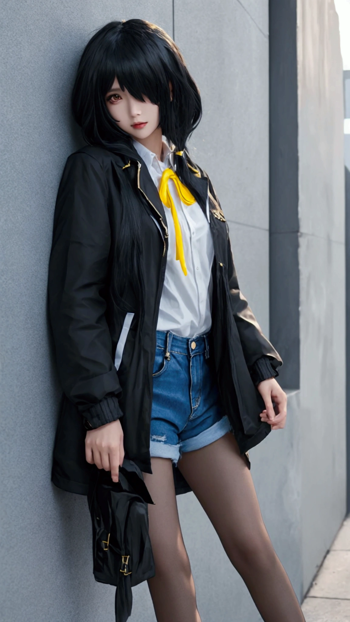 ultra-detailed,highly detailed,best quality,masterpiece,illustration, 
Anime-style girl with black hair wearing a black jacket with yellow accents over a light blue blouse, and distressed denim shorts, standing outdoors.