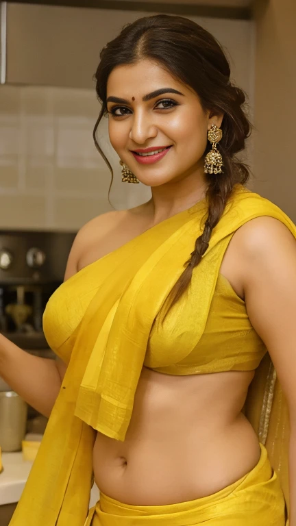 extreme close up photo of sexy indian, front view, curvy, sexy yellow only saree ,no blouse, in kitchen, French braid hair, smile