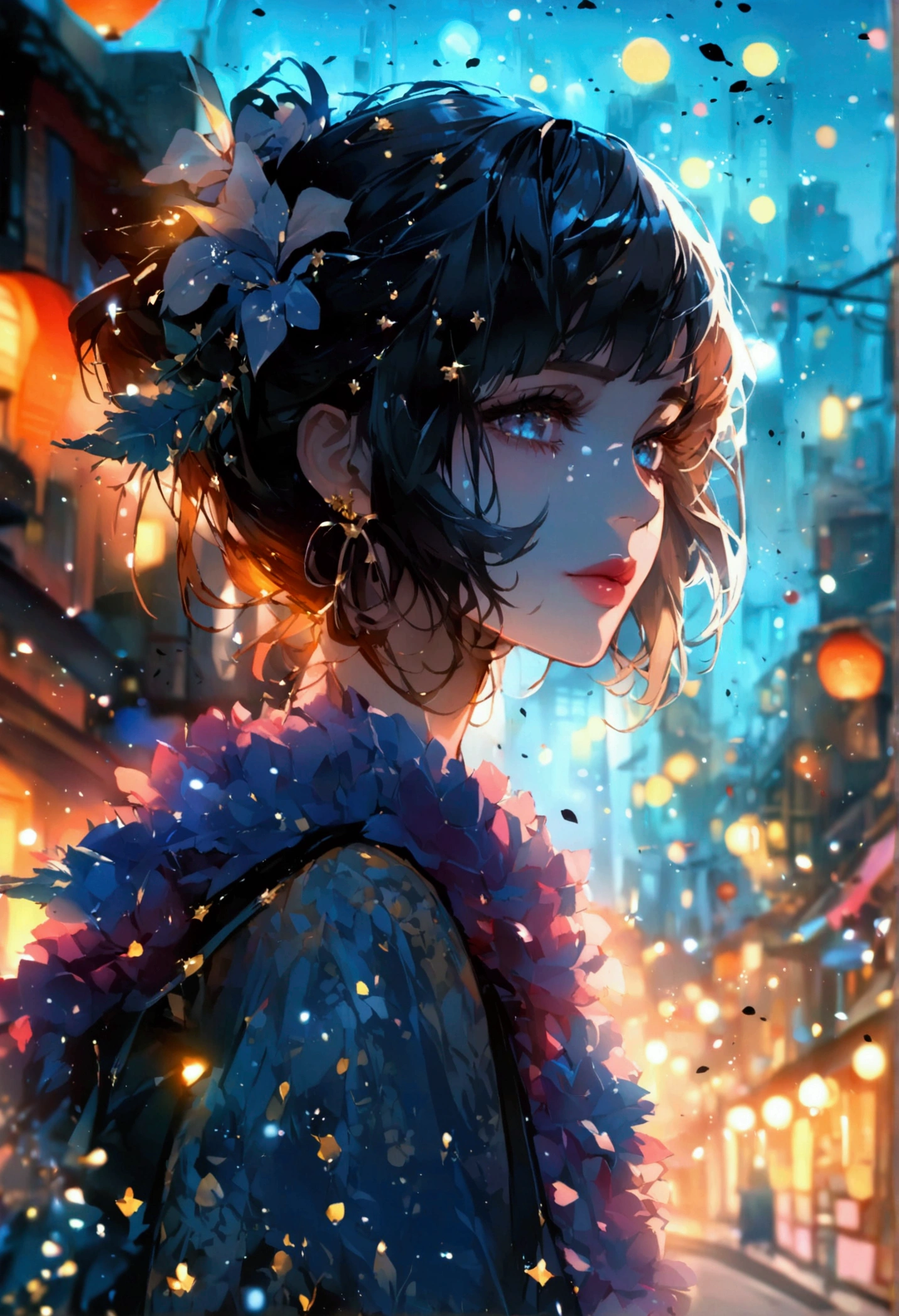 A fusion of graphic art and painting art、girl、Unusual street fashion、night、Starry Sky、front、Uplifting、Transparency、Bright Cities、wood々is rich、morning、High quality、Detailed Background、high resolution、Sparkling