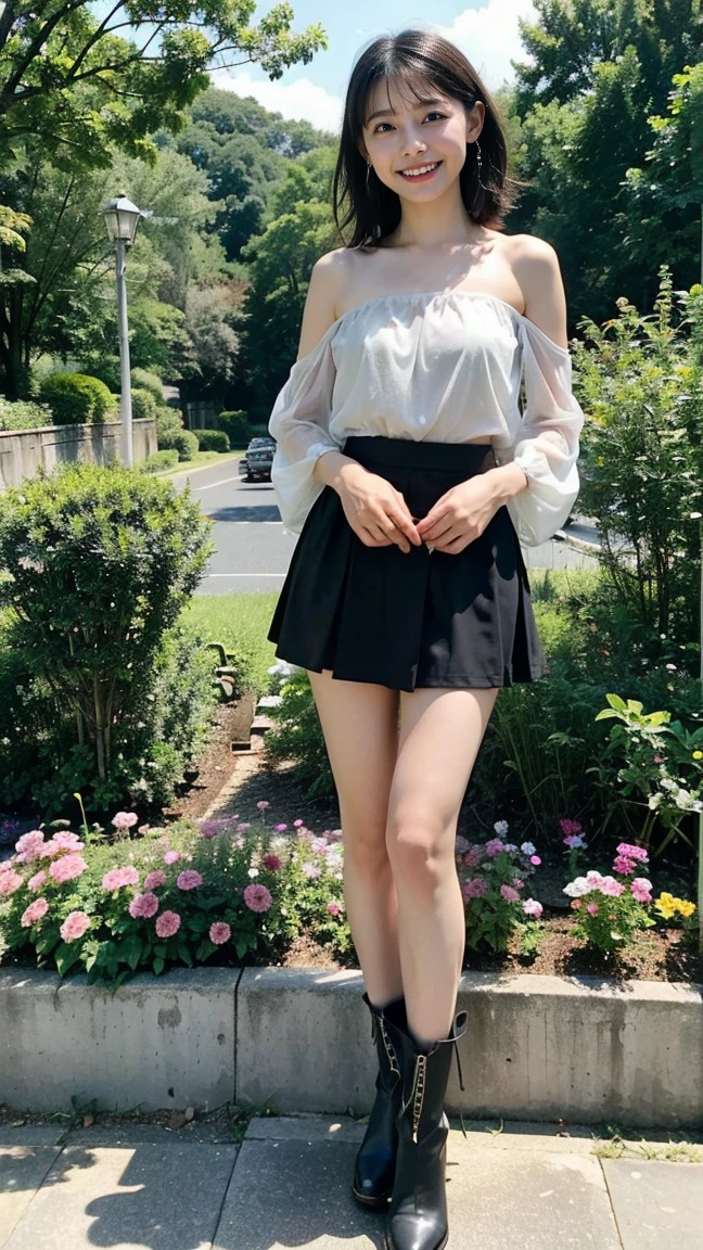(8K、RAW Photos、Highest quality、masterpiece:1.2)、(Highest quality、Realistic)、1 Girl、((Tube top、mini skirt、Idol Costume、ribbon、Medium Hair、See-through、smile、Silver and Black、Thin legs、whole body、boots、garden、View from the front、Looking into the camera、Stand with hands on hips))、cute