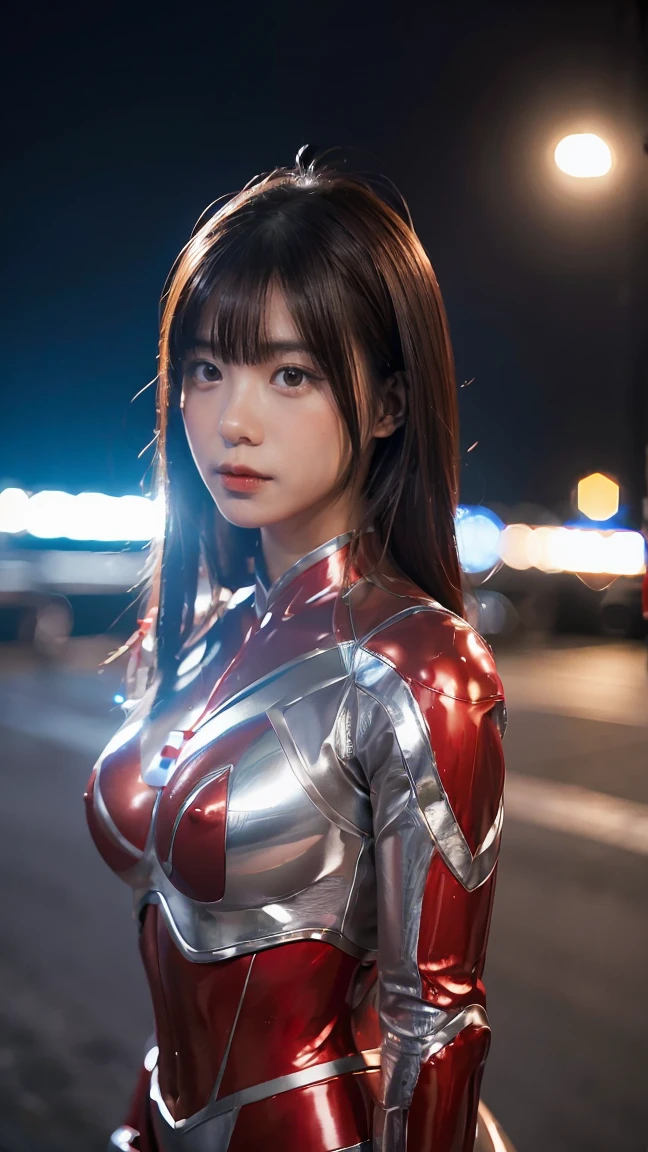 Ultraman、realistic、realistic、cinematic lighting, Girl in a shiny red and silver suit、15 years old、professional photos、Don&#39;Do not expose your skin, japanese model, japanese cgi、Ultraman Suit、, Power Rangers Suit、tight and thin cyber suit,Whole body rubbery、There&#39;s pink There、 delicate body, big breasts、small ass、thin thighs、thin arms、thin waist、camel toe、Both sides of the cyber suit stick to the skin、Big eyes、black short hair、facing the front、facing the front立っている、A glowing sphere is embedded in the chest.、Essay Examination、 blue sky background