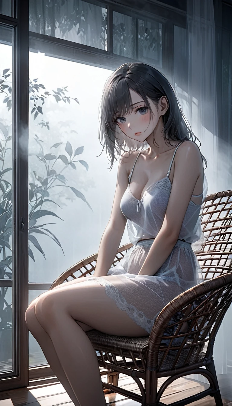 the most beautiful woman in the world, with sad expression, sitting on rattan chair and leaning against the window glass, wearing underwear, foggy filter effect, 2.5D, delicate and dynamic