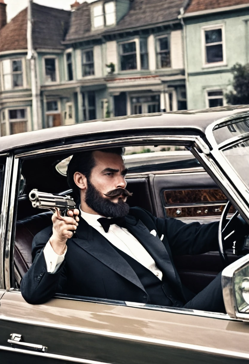 Me as a world's richest adult person in gangster's look with the age of 25 year with beard and moustache.me driving a Lincoln continental and gun is present in my hand with the convoy
