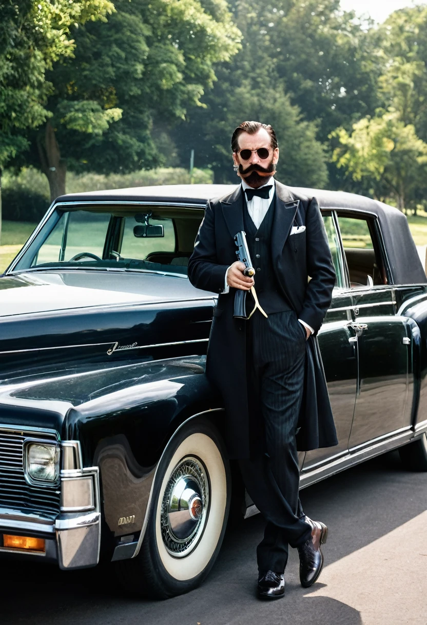 Me as a world's richest adult person in gangster's look with the age of 25 year with beard and moustache.me driving a Lincoln continental and gun is present in my hand with the convoy 