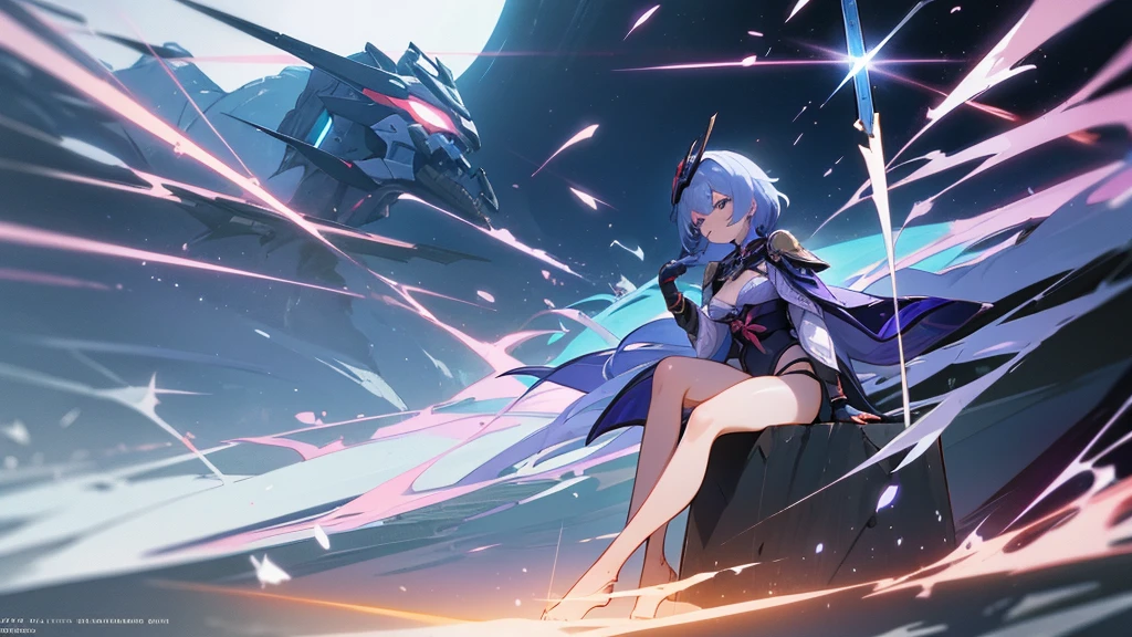 Anime girl sitting on big fish,Holding a sword in hand, Kantai collection style, A scene from the《azur lane》videogame, Ayaka Genshin impact, 《azur lane》role, azur lane style, with leviathan axe, ayaka game genshin impact, Best anime 4k konachan wallpaper, Kushatt Krenz Key Art Women