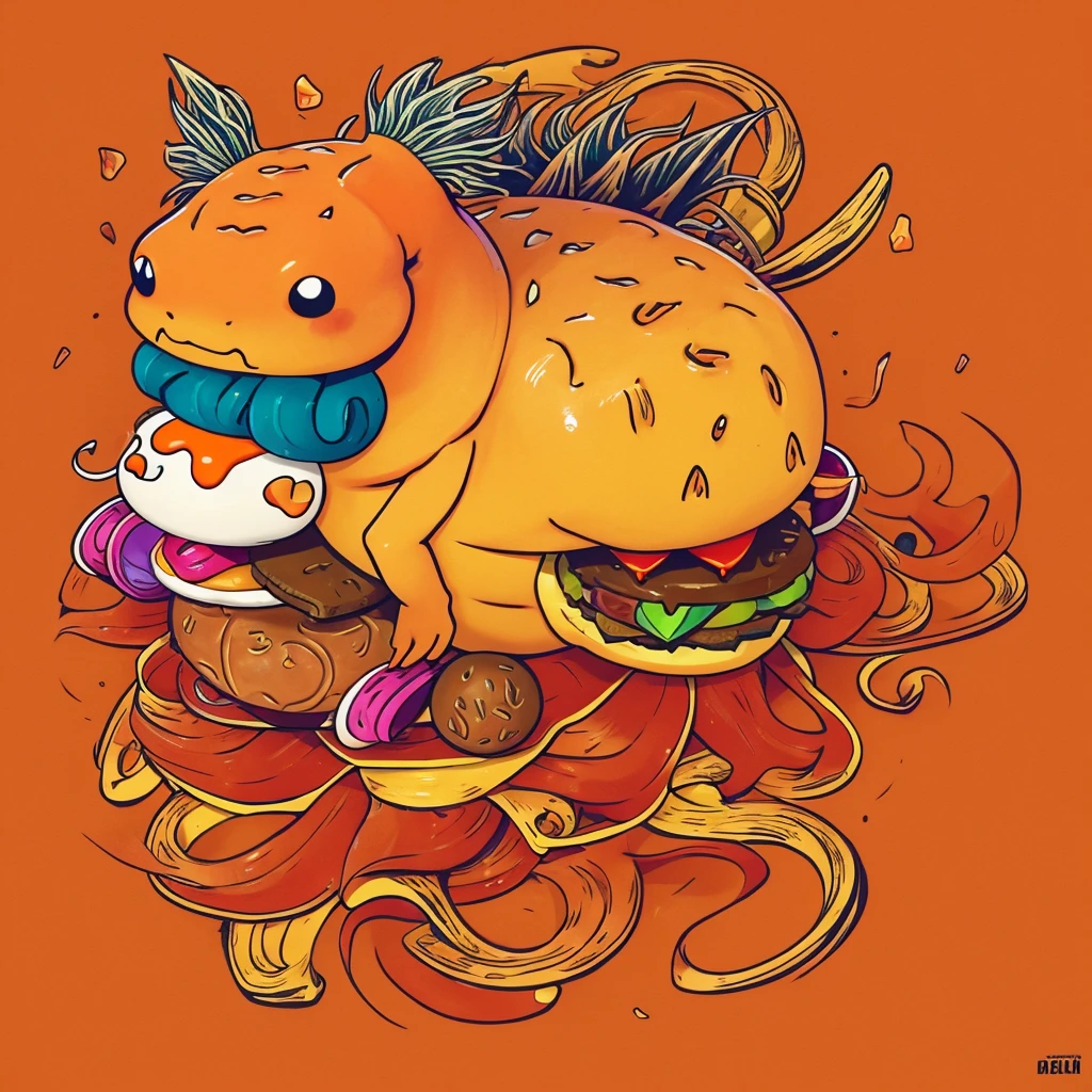 axolotl with two long tails with yoyos at the end of each and take the shape of a cheeseburger with orange-yellow skin and a long mohawk wearing a stripped sweater with a cheeseburger pattern and an orange-coral color on tips of ears and heart on the middle of the forehead, Helltaker_style